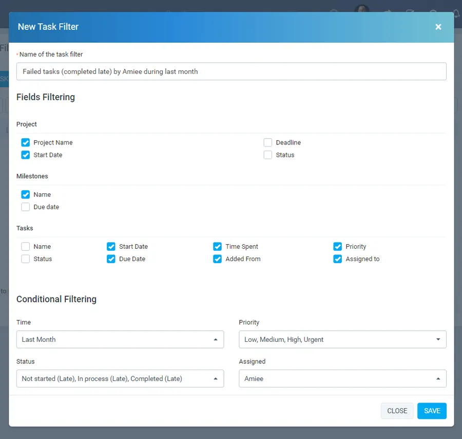 Advanced Task Filters for Perfex CRM - the New Task Filter builder with field selection across Project, Milestones and Tasks, plus conditional filtering by time, priority, status and assignee