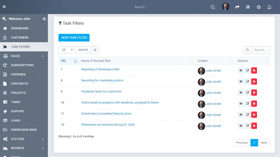 Task Filters list in Perfex CRM showing saved, named filters such as "Reporting of developers filter" and "Milestones not achieved during Q1 2020", each with its creator and view, edit and delete options
