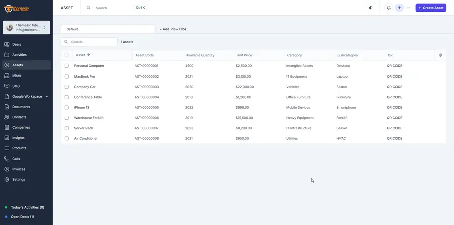 Assets Management module for Concord CRM showing the company and customer asset register