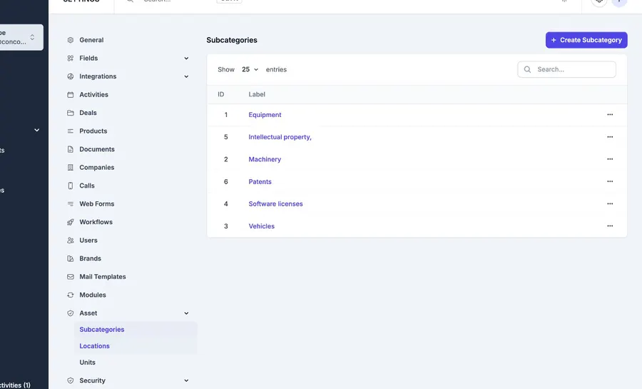 Asset management settings in Concord CRM for organizing the register