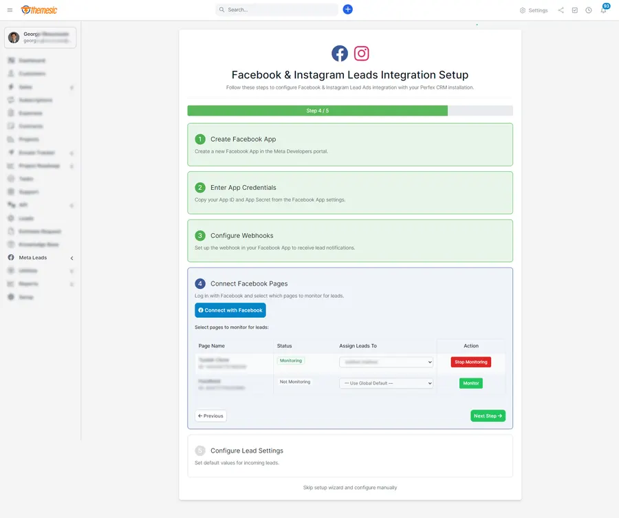 Connecting Facebook pages and assigning leads per page in Perfex CRM