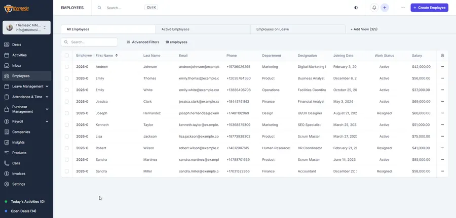 Employee directory in the Concord CRM HRM module listing names, departments, designations, joining dates and work status Employee directory in the Concord CRM HRM module listing names, departments, designations, joining dates and work status