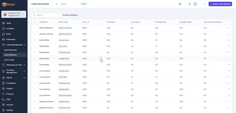 Leave balances screen in the Concord CRM HRM module showing total, used, pending, available and carried-forward days per employee and leave type Leave balances screen in the Concord CRM HRM module showing total, used, pending, available and carried-forward days per employee and leave type