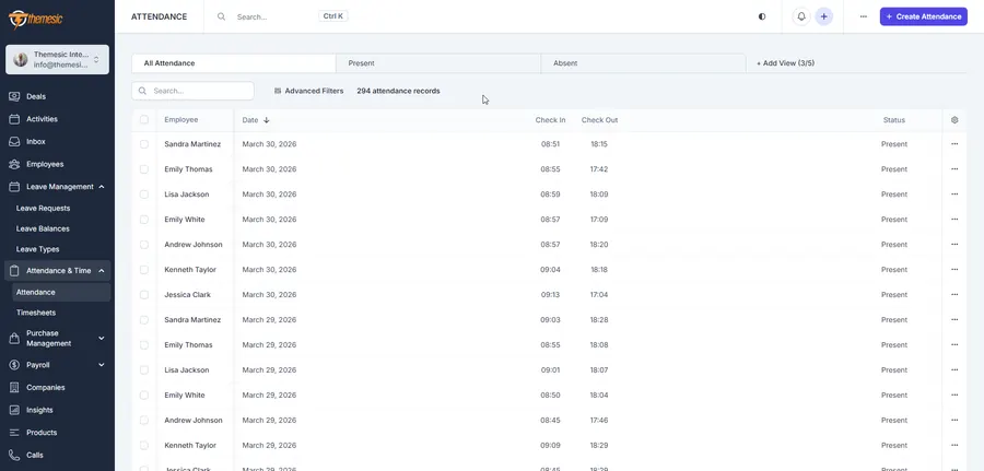 Attendance log in the Concord CRM HRM module with employee check-in and check-out times and present status across dates Attendance log in the Concord CRM HRM module with employee check-in and check-out times and present status across dates
