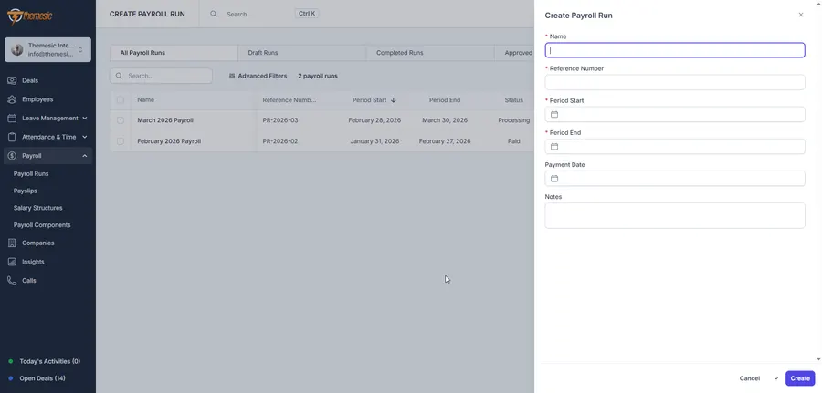 Payroll run creation in the Concord CRM HRM module with period start and end dates, reference number and status for a monthly payroll Payroll run creation in the Concord CRM HRM module with period start and end dates, reference number and status for a monthly payroll