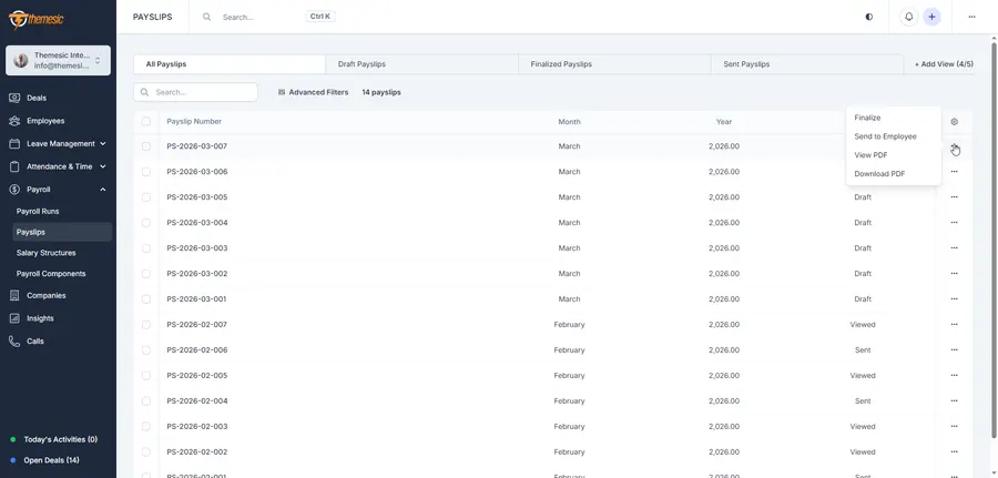 Payslip list in the Concord CRM HRM module showing payslip numbers by month and year with finalize, send and download PDF actions Payslip list in the Concord CRM HRM module showing payslip numbers by month and year with finalize, send and download PDF actions
