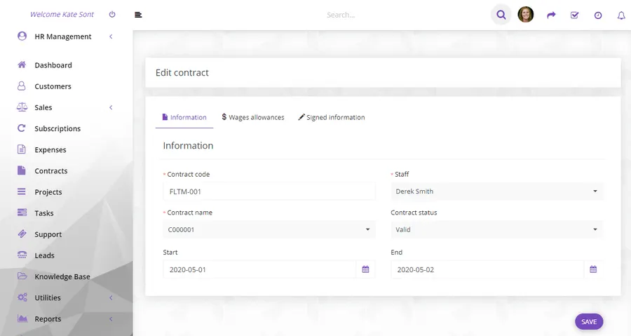Editing an employee contract in Perfex CRM HRM with information, wages, allowances and signing tabs