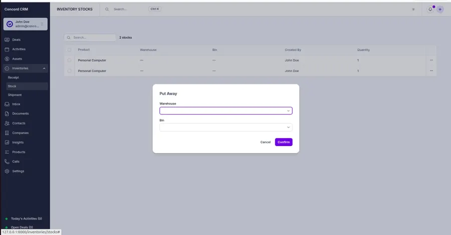 Assigning received stock to a warehouse and bin in Concord CRM