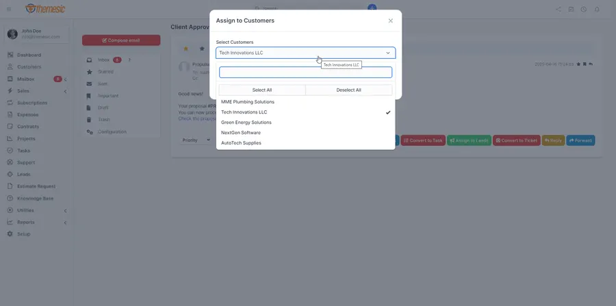 Assigning an incoming email to a customer record inside Perfex CRM Mailbox