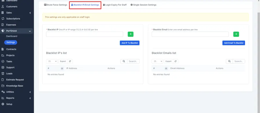 PerfShield brute force settings for staff login protection in Perfex CRM