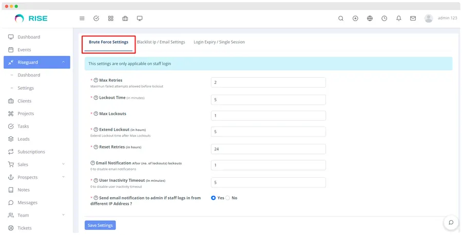 RiseGuard brute force protection settings for RISE CRM staff logins