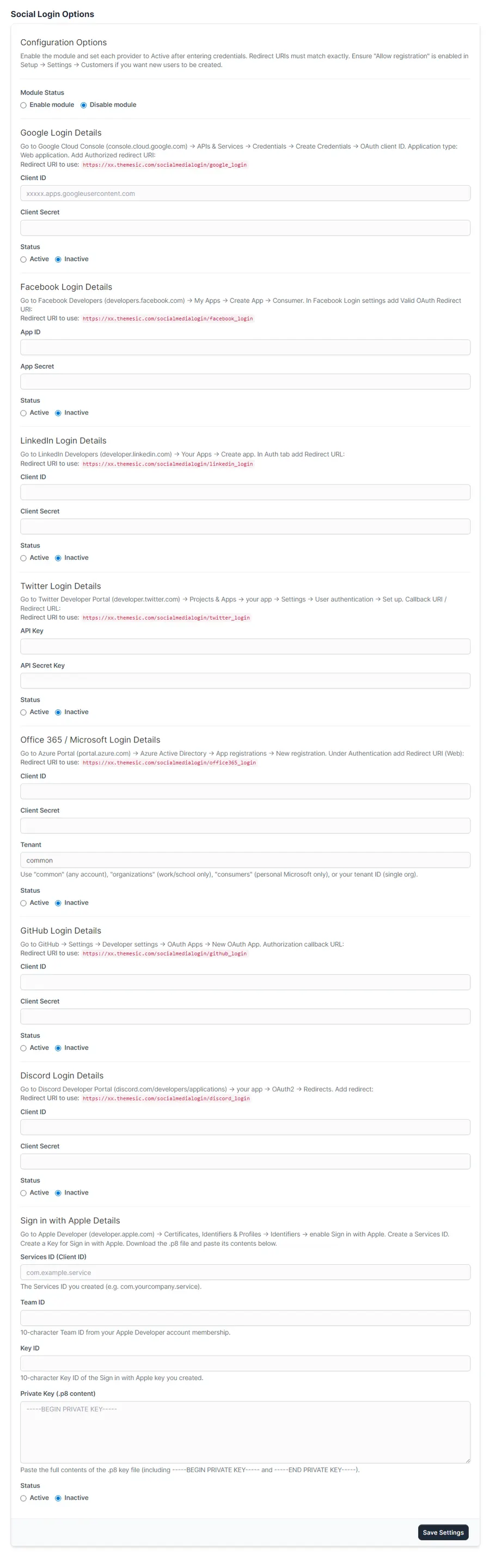 Social login buttons on the Perfex CRM customer login screen