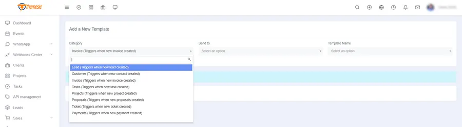 Selecting a RISE CRM trigger category when creating a WhatsApp template Selecting a RISE CRM trigger category when creating a WhatsApp template
