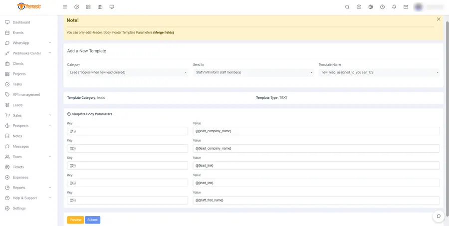 Mapping a WhatsApp template to RISE CRM merge fields for a notification Mapping a WhatsApp template to RISE CRM merge fields for a notification